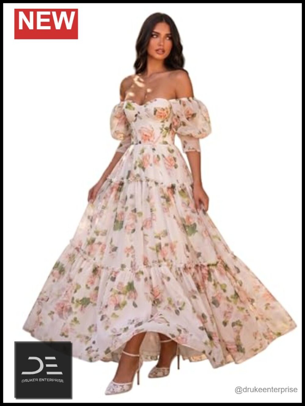 Floral A-Line Puff Sleeve Drawstring Formal Dress